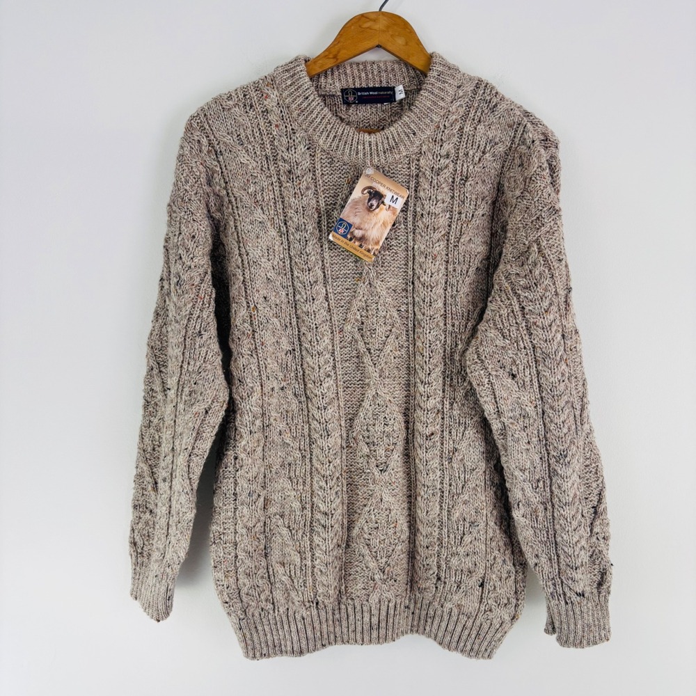 JM Cooper British Wool Cable Knit Sweater Oatmeal Tweed Crew Neck Made in UK M